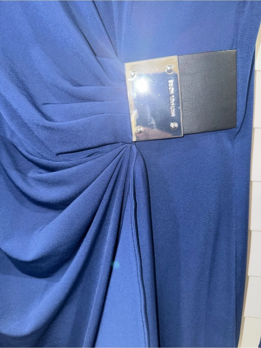 Michael Kors Navy Long-Sleeve Draped Dress with Buckle Detail